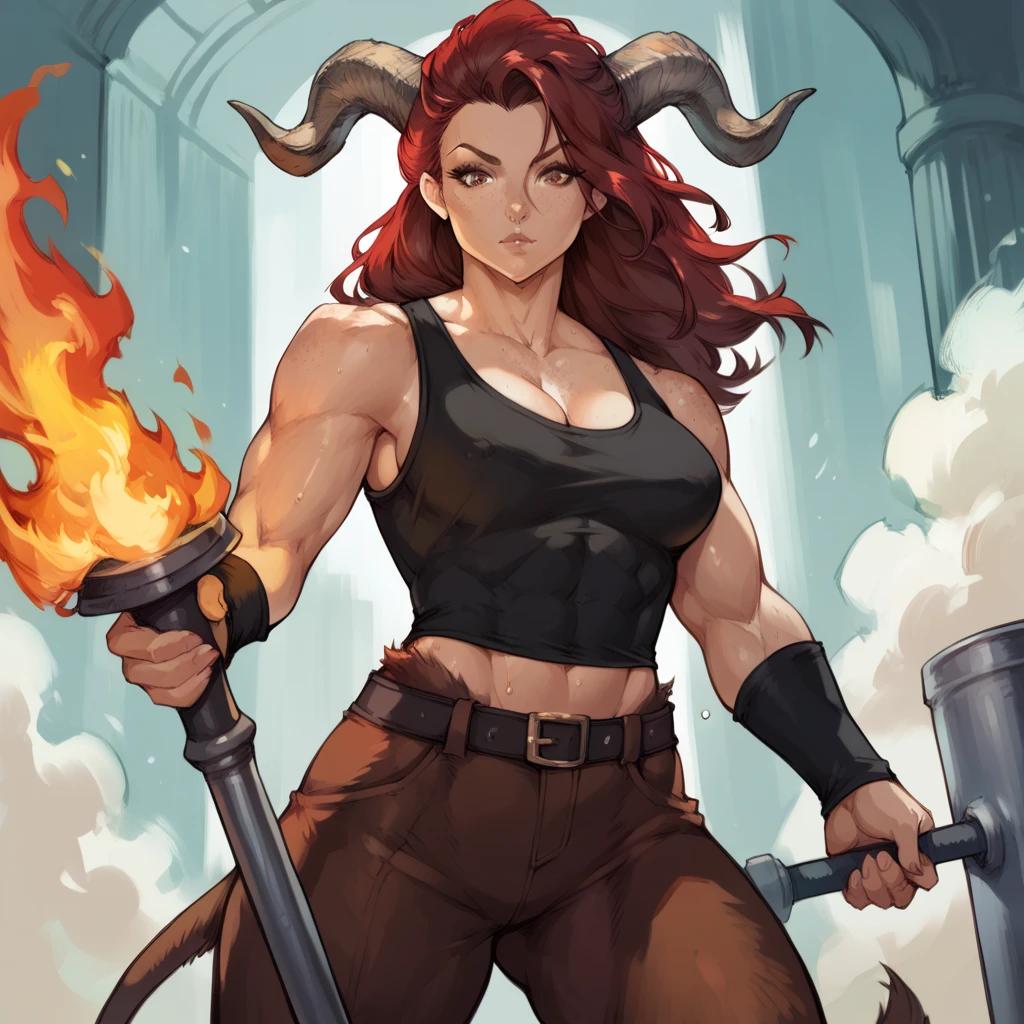 (highres, best quality, masterpiece) realistic drawing, adult female, (solo, women), mother like, standing, looking fierce, looking confident, serious expression, (detailed, highly detailed), ((with red skin)), soft lighting 4k, dramatic lighting 4k, long brown hair, curly hair, green eyes, (detailed eyes), ((demon red skin)), fully body hunter outfit, ((gloves: black, boots: brown, pants: brown)), abs, (athletic_build, fit body), devil horns, devil tail, red skin, tan stomach, smooth skin, on a battlefield, magic hands, casting magic