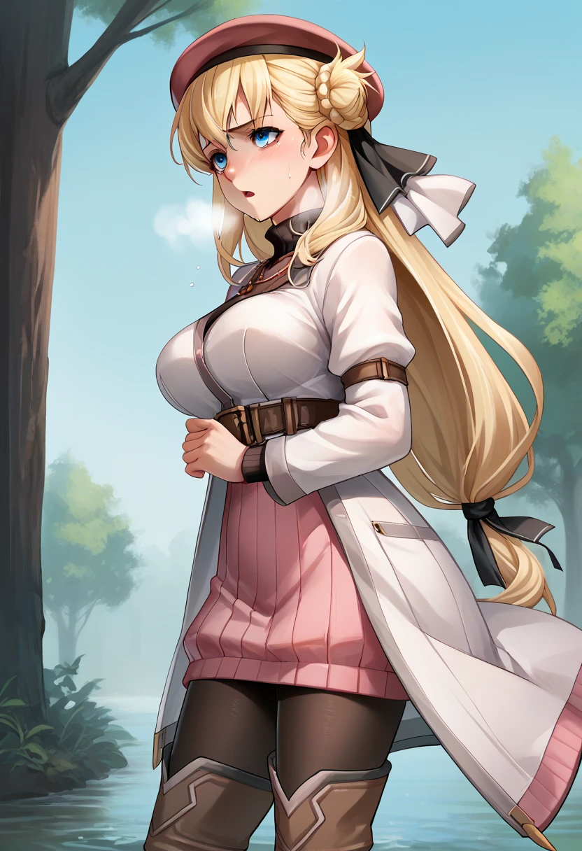 score_9, score_8_up, score_7_up, score_6_up, score_5_up, score_4_up, BREAK source_anime,
1girl, solo, sfw,  Agnes Claudel, blonde hair, long hair, blue eyes, large breasts, hair ribbon, beret, white coat, turtleneck dress, necklace, belt, pink skirt, pantyhose, brown boots, thigh boots,, 
Complete body, side view, looking at viewer, outdoors, sky, trees, 
racoonsan,, standing up bending forward exhausted heavy breathing, sweating, wet, moaning, mouth open, touching her chest with one hand