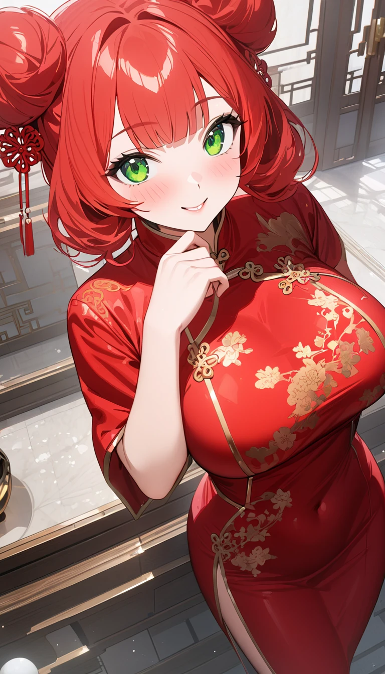 (((( super high resolution )))), (((最 High Quality )), ((masterpiece)), ( Details), 最 High Quality ,  High Quality , 超 Details,  perfect face, 4K, 8k, ((ultra quality)), (( 1 woman , , green eyes, red hair: 2.5, double bun, glamorous, standing)), Full Finger,  shiny hair 、 pubic skin, blush, smile, Big Breasts,  Big Breasts ,  Side Bust :2.5, red china dress, from above, Chinese Garden