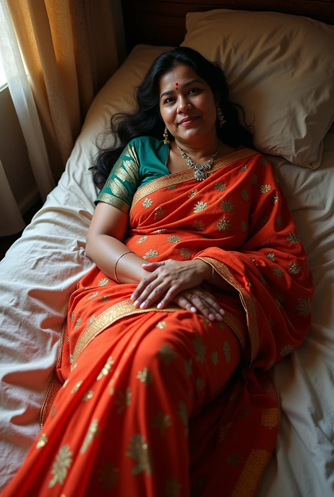 A beautiful gorgeous plump Indian 45-year-old woman wearing a saree sleeping on bed smiling and looking relaxed gorgeous