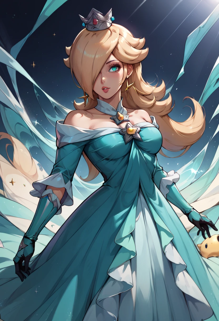 score_9, score_8_up, score_7_up, score_6_up, score_5_up, score_4_up, rating_questionable, BREAK, mature female, beautiful, rosalina, wearing edgShiva,crown of ice,dress,armor gloves, 