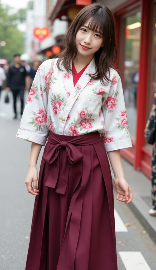 nsfw,Japan Person, 2girl with fun , japan famous idol, very young face, masterpiece, high quality, head tilt, taisho period, yagasuri,maroon color hakama,narrow shoulder width,looking at viewer, small face,leaning forward,laughter