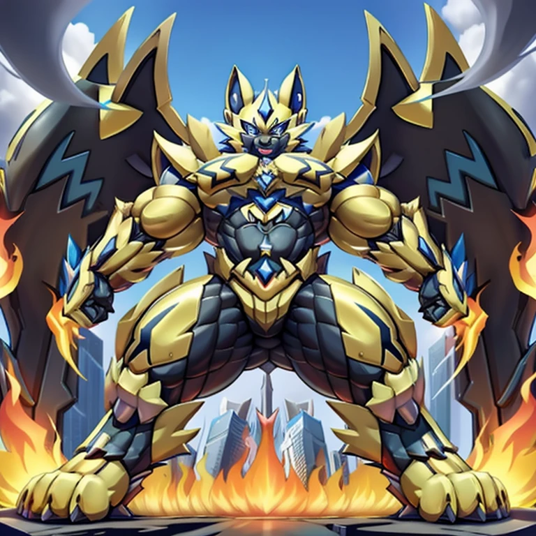 (masterpiece. official art. 8k. best quality. detailed full body. full body.)

Situation : A towering, giant Zeraora, enhanced by a powerful suit, dominates the city as he tramples everything beneath him. From a low-angle perspective, his immense size dwarfs the skyscrapers around him, emphasizing his sheer majesty and power. As smoke and flames rise from the destruction below, Zeraora's arrogant expression and subtle smile reflect his dominance, filling the scene with overwhelming authority.

Suit Description: Zeraora wears a powerful suit that merges the structure of an Extra Latex Muscle Suit, amplifying his strength and aura. This fusion creates a hyper-muscular physique, exaggerating every muscle for maximum impact. His body is a hyper-muscular powerhouse, featuring oversized, finely sculpted muscles—massive pecs, triceps, and traps—along with a rock-solid core and long legs, giving him the imposing presence of a "Gigachad." The suit's amplification further enhances his dominating form.

Wings: Zeraora is spreading his massive golden wings.
Feet: Zeraora has five toes, and the design of his powerful suit reflects this feature, highlighting his nice big feet paws.