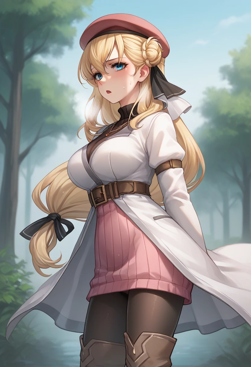 score_9, score_8_up, score_7_up, score_6_up, score_5_up, score_4_up, BREAK source_anime,
1girl, solo, sfw,  Agnes Claudel, blonde hair, long hair, blue eyes, large breasts, hair ribbon, beret, white coat, turtleneck dress, necklace, belt, pink skirt, pantyhose, brown boots, thigh boots,, 
Complete body, side view, looking at viewer, outdoors, sky, trees, 
racoonsan,, standing up bending forward exhausted heavy breathing, sweating, wet, moaning, mouth open, touching her chest with one hand