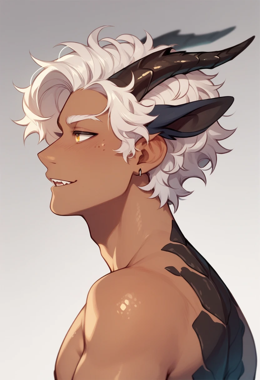  Tall tanned man with messy curly white hair, draconic boy, gradient skin,  black scales 