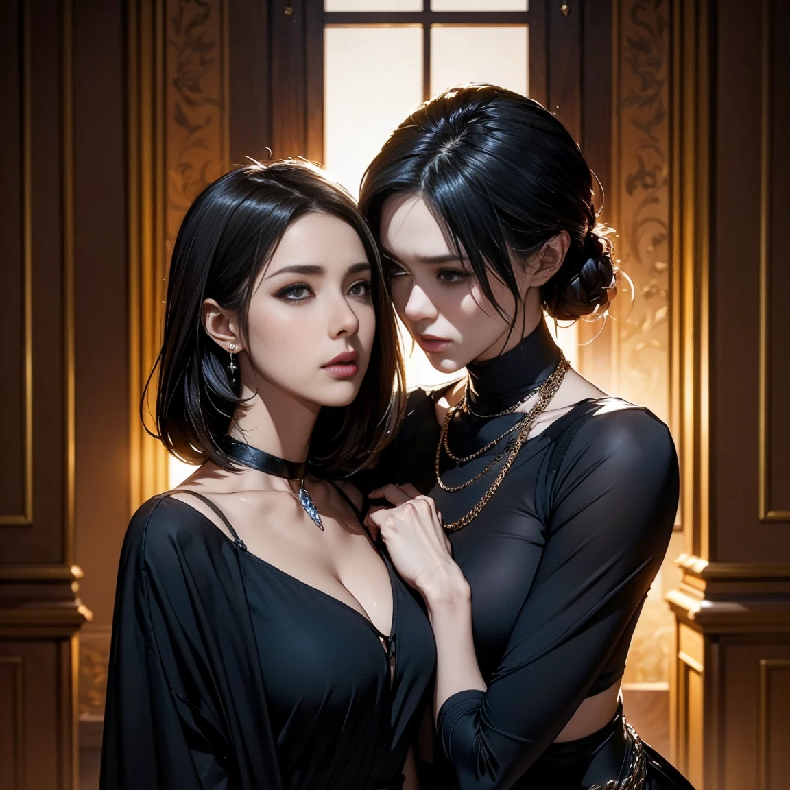 2girl, 2 girl, waist up, concept art, [shu qi:Ahlam Al Shamsi:1], grabbing vagina, masturbating touching her breast naked her vagina no panties, Ruff, Anklet, Makeup, loop lighting, 80mm, official art, unity 8k wallpaper, ultra detailed, aesthetic, masterpiece, best quality, photorealistic