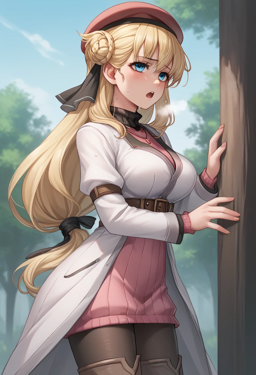 score_9, score_8_up, score_7_up, score_6_up, score_5_up, score_4_up, BREAK source_anime,
1girl, solo, sfw,  Agnes Claudel, blonde hair, long hair, blue eyes, large breasts, hair ribbon, beret, white coat, turtleneck dress, necklace, belt, pink skirt, pantyhose, brown boots, thigh boots,, 
Complete body, side view, looking at viewer, outdoors, sky, trees, 
racoonsan,, standing up bending forward exhausted heavy breathing, sweating, wet, moaning, mouth open, touching her chest with one hand