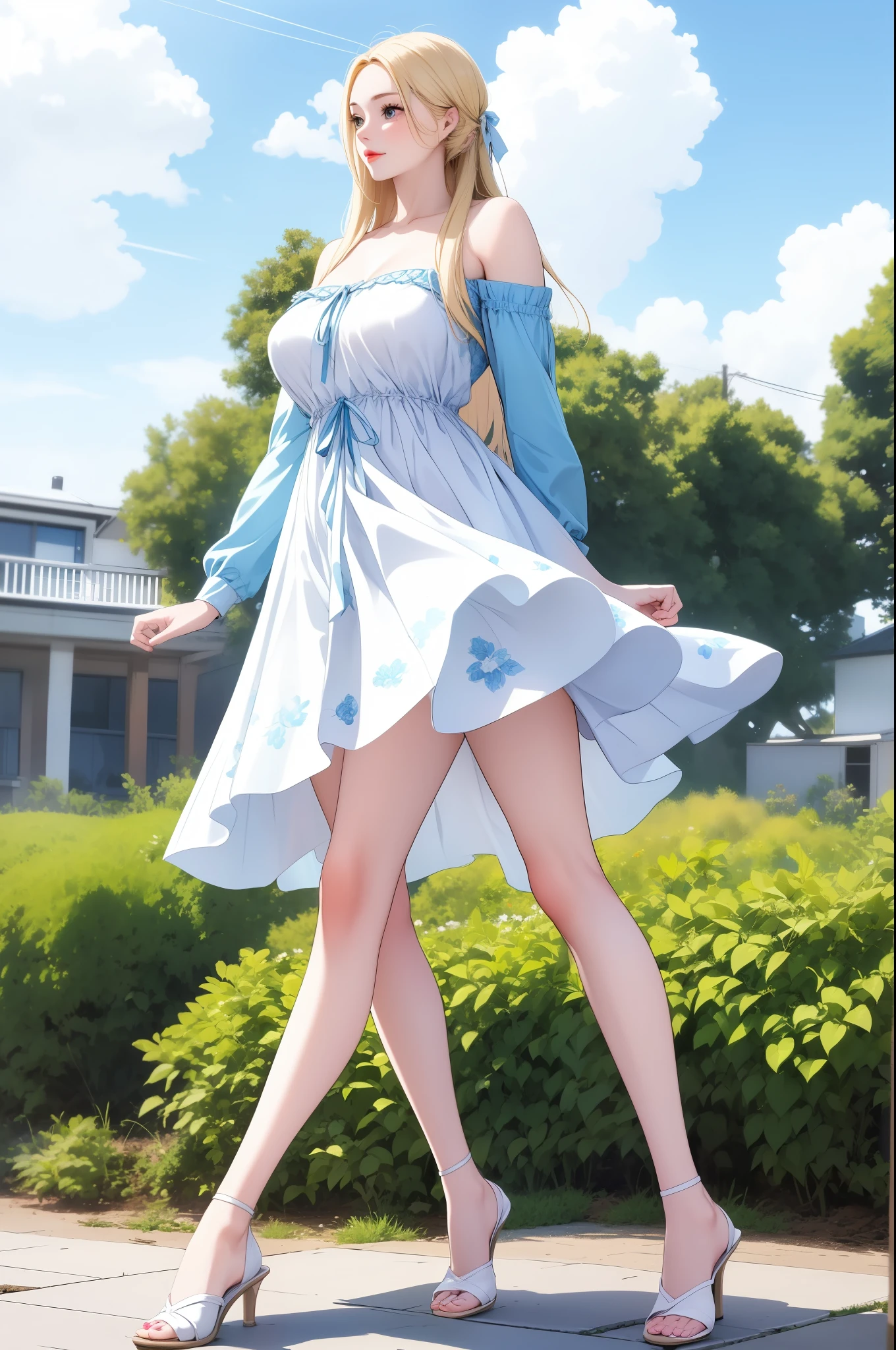 (best quality, highres), full-body shot, cool type adult woman, long hair, swept-side bangs, blonde hair, blue eyes, White ????????, medium breasts, , thighs, sexy' legs, stiletto heels, plain wall, ultra detailed cg,
 