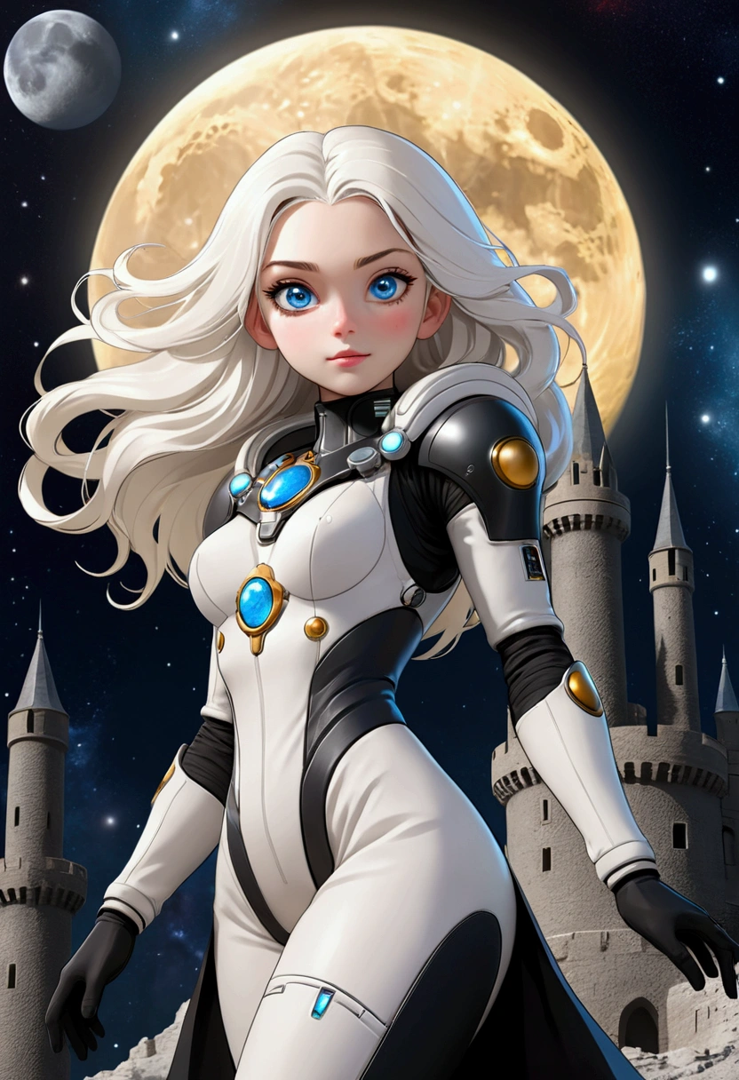 toma de cuerpo completo, woman with ,Golden white hair,Blue eyes,,,Black spacesuit, in the Moon , galaxy In the background and large castle,  with huge ash-black towers, 