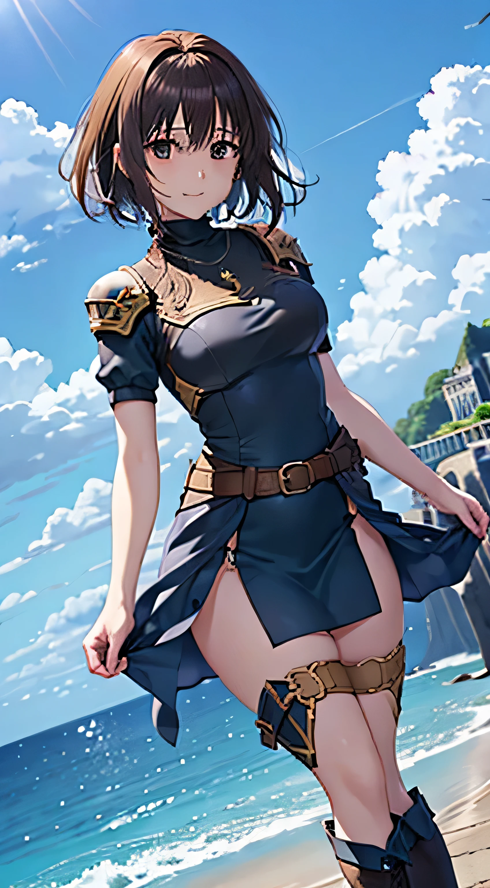 (( , top quality, , Pixel Perfect , 4K,))), 1 Woman , 、 (( short wave hair、 dark brown hair )), (( brown eyes , Beautiful eyelashes , realistic eyes)), (( detailed face , )), (( smooth texture:0.75, realistic texture:0.65, realistic :1.1, anime CG style)), small bust facing upward , dynamic angle , perfect body , (( , ,, Gold Shoulder Armor ,, Gold Breastplate, , Short Sleeve Turtleneck Blue Black Dress ,Blue Black Flare Skirt , Knee High Boots ,Arm guard , belt)), Golden Hair Ornament 、 cross necklace 、 sexy poses 、(shy cute smile ), staring upwards 、 lean forward with your butt sticking out 、 style、 the wind is blowing 、 hold the skirt with your hands、Sexy red black lace panties are visible、Show your ass、、、、、)、 Beach with a view of the castle 、 beautiful ocean、、
