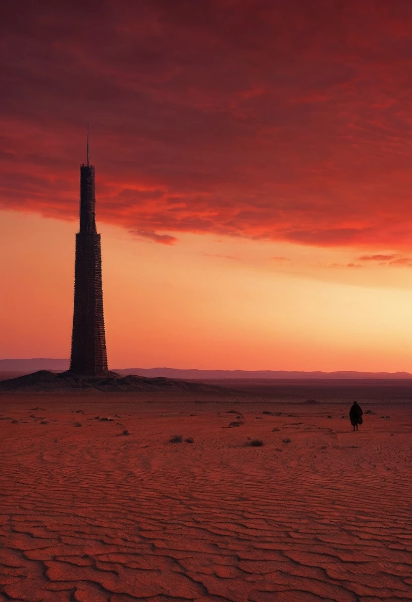 desertとダークタワー,
desert, Dark Tower ,  Tower Seen in the Distance , Red Sunset, Drying, Lonely landscape, isolated, Fiery Sky, Vast horizon