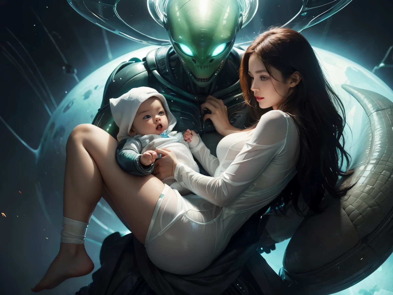 Best quality, realistic, image of beauty woman holding a year-old babyboy, looking camera, full body, dynamics pose, transparent suit, alien environment background