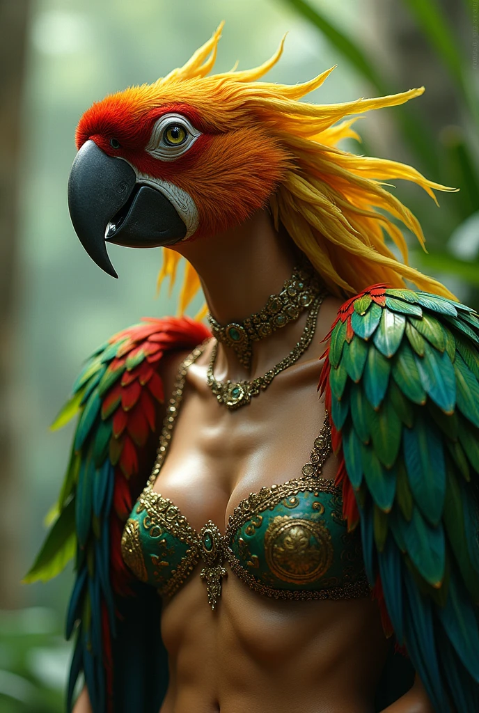 A lovely woman is part tropical bird, she has an amazing sexy figure, lovey detailed face with sharp features, over large eyes, patches of bright feathers. She is working as an alchemist (SFW)