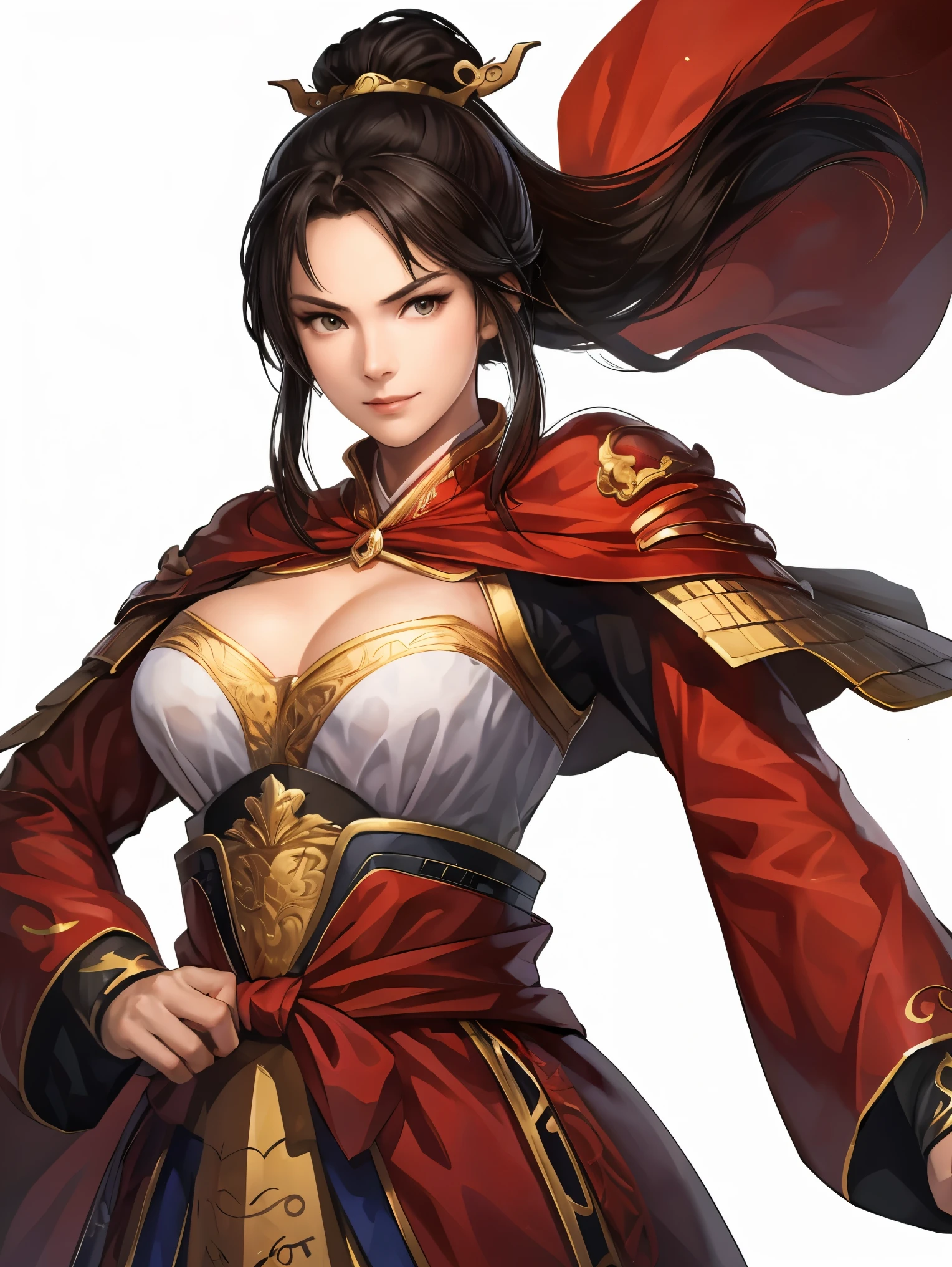 Beautiful black-haired woman :1.3, Amazing Character Art, Hanfu,(( pure white background)), ( top quality), handsome,Beautiful female knight, 2. 5D CGI fantasy artwork, detailed digital art , Very nice work of art, fan Art Best Art Station, ( RED VELVET LONG CAPE ),(warrior:1.2)( No Emotion),Exquisitely drawn hands 、 I'm putting my hands on my lower back,He has a sword on his waist、 facing the front、 wears a sword through the 、Chinese Armor,From the waist up、One woman、 faint smile 、White space above the head,Red Armor、 The chest part of the armor is wide open、 with exposed breasts 、