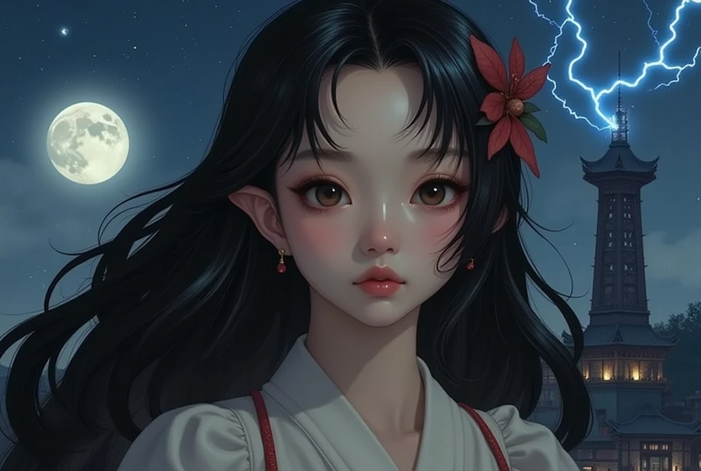 (RAW photo, real photo, high quality, masterpiece), (evil tower in dark color, tower shape like river snail shell, tower is higher than sky, night and moon and lightning ), A young Japanese woman with smooth, porcelain skin and long, silky black hair cascading down her back, detailed face, beautiful face, wide shot, 