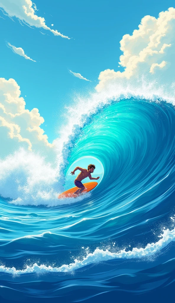 man skiing in the sea with oars on a wave in cartoon style