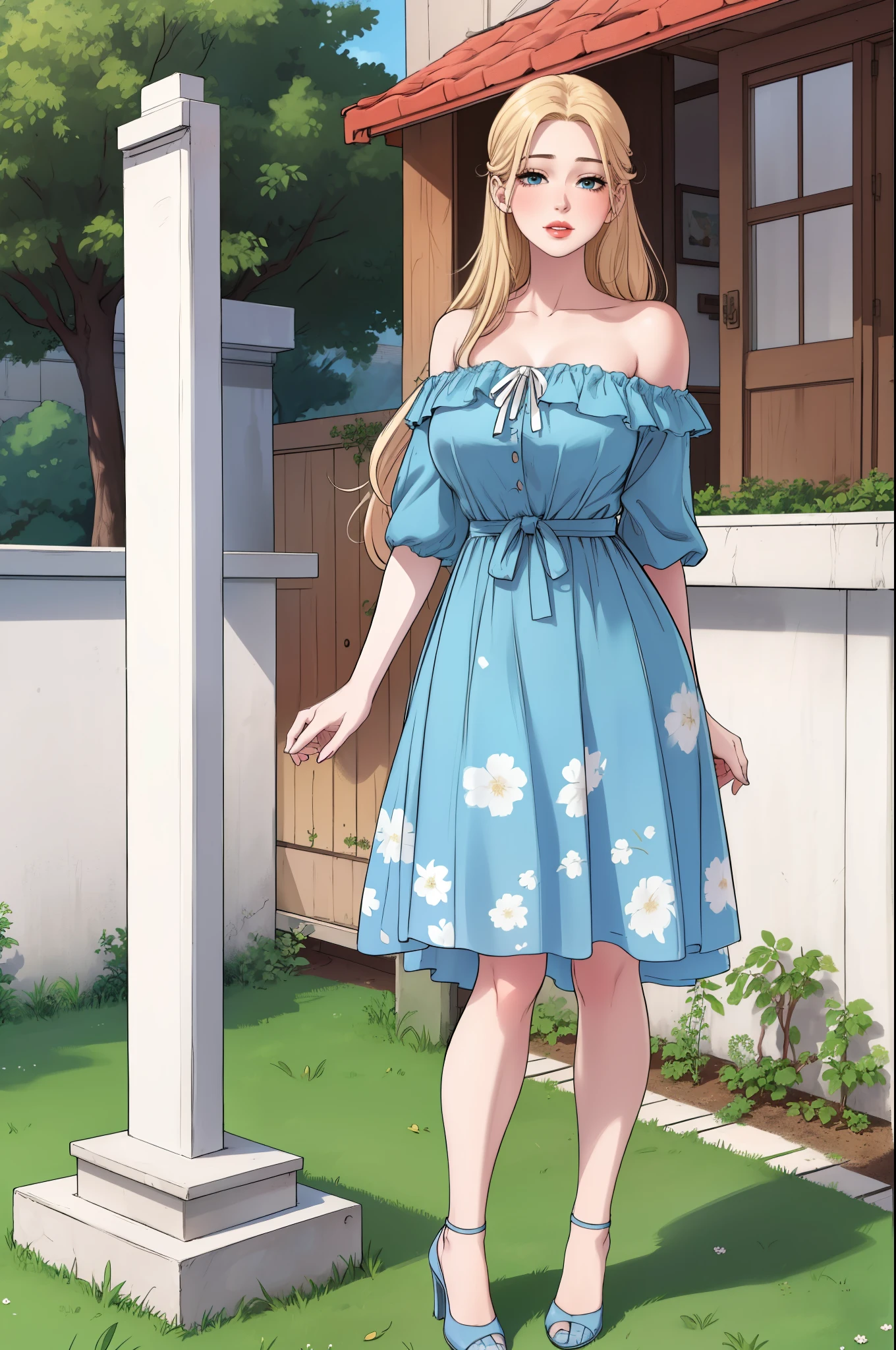 An extremely gorgeous stunning beautiful cute feminine mother with long straight blonde hair tied with a white ribbon, extremely fair white skin, big green-blue hazel eyes, plump red glossy lips, a plain simple smile, a plain thin slim normal body, tender arms, and a plain expression, wearing a simple long modest sky blue floral dress with a cardigan worn in an off-shoulder style, flat heels, standing straight, garden in the background, show full drawing from head to feet.