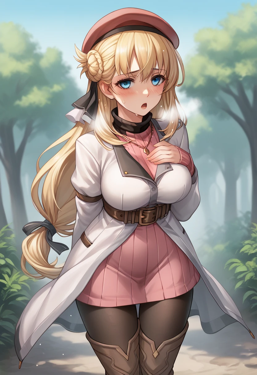 score_9, score_8_up, score_7_up, score_6_up, score_5_up, score_4_up, BREAK source_anime,
1girl, solo, sfw,  Agnes Claudel, blonde hair, long hair, blue eyes, large breasts, hair ribbon, beret, white coat, turtleneck dress, necklace, belt, pink skirt, pantyhose, brown boots, thigh boots,, full body shot, front view, looking at viewer, outdoors, sky, trees, 
racoonsan,, standing up bending forward exhausted heavy breathing, sweating, wet, moaning, mouth open, touching her chest with one hand