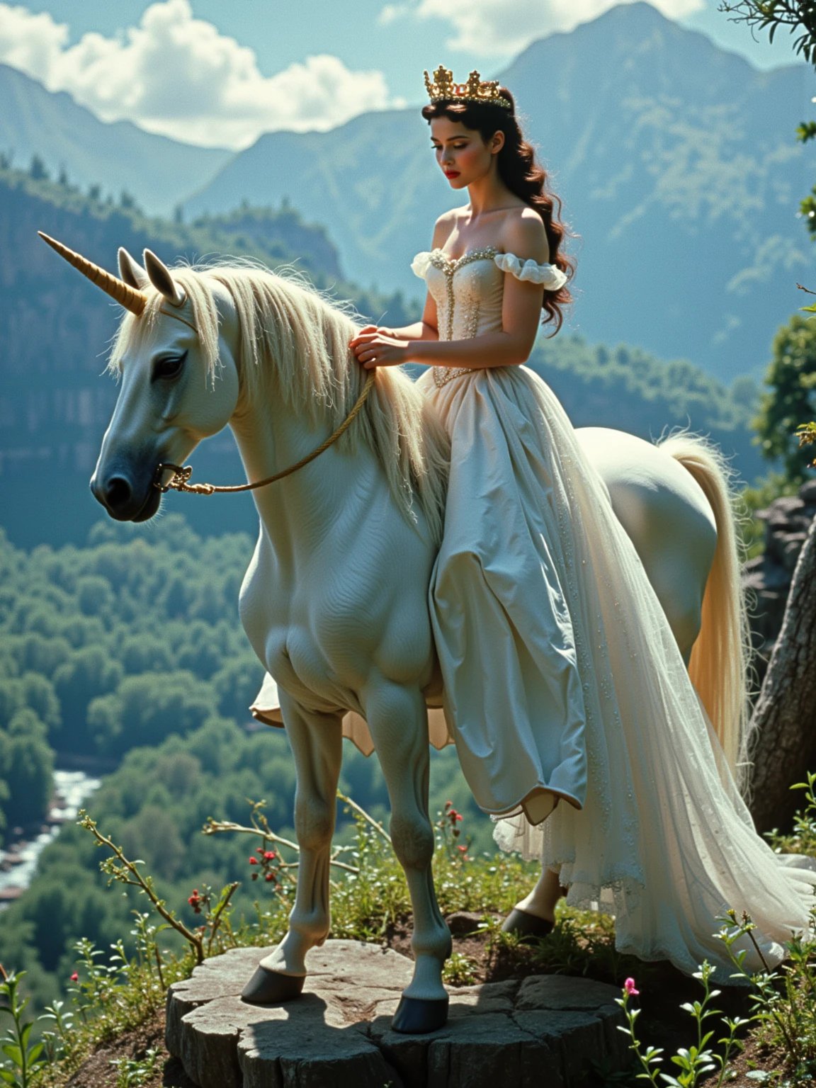 The Royal Unicorn: A young princess, dressed in a flowing white gown, sits atop a majestic white unicorn with a golden horn. She holds her crown as she looks down over her kingdom from a hilltop.  