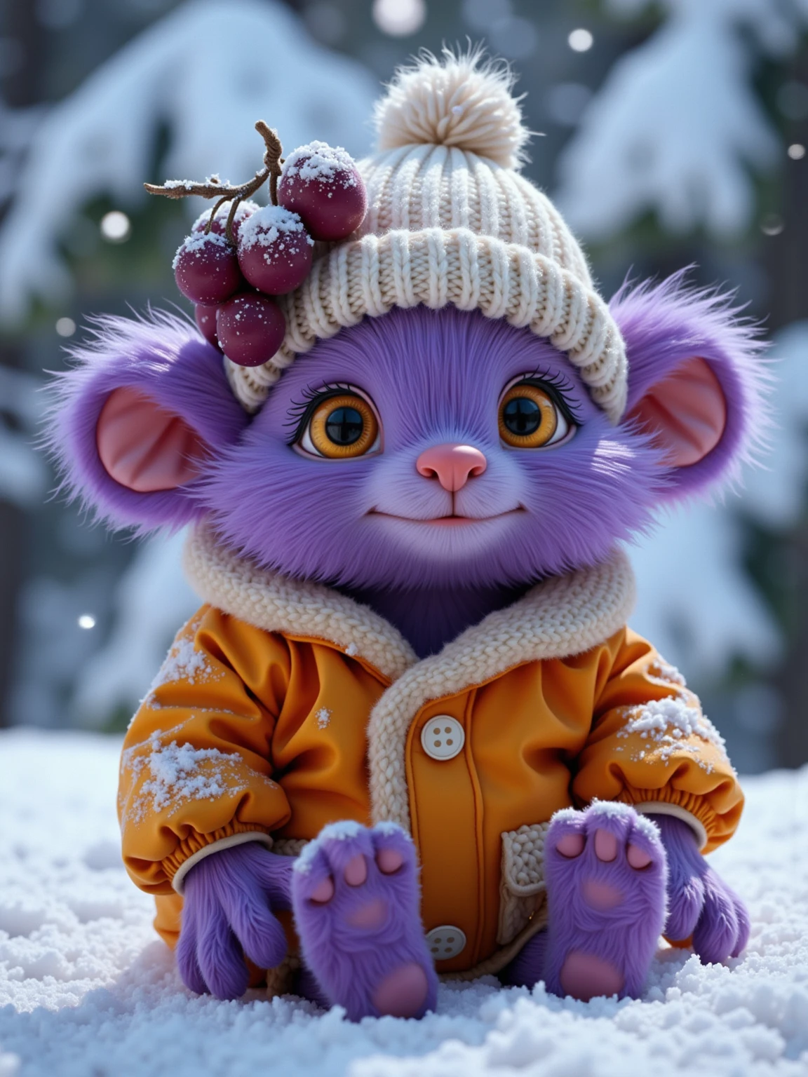 "A cute, fluffy, purple creature with large yellow eyes sits on a snowy ski lift. The creature is dressed warmly in a cozy orange winter jacket dusted with snow and wears a knitted white beanie decorated with a bunch of frosty grapes. Its small hands and feet are covered in purple fur, and its expression looks curious yet adorable as it stares into the distance. Snowy pine trees blur softly in the background, creating a serene winter atmosphere."