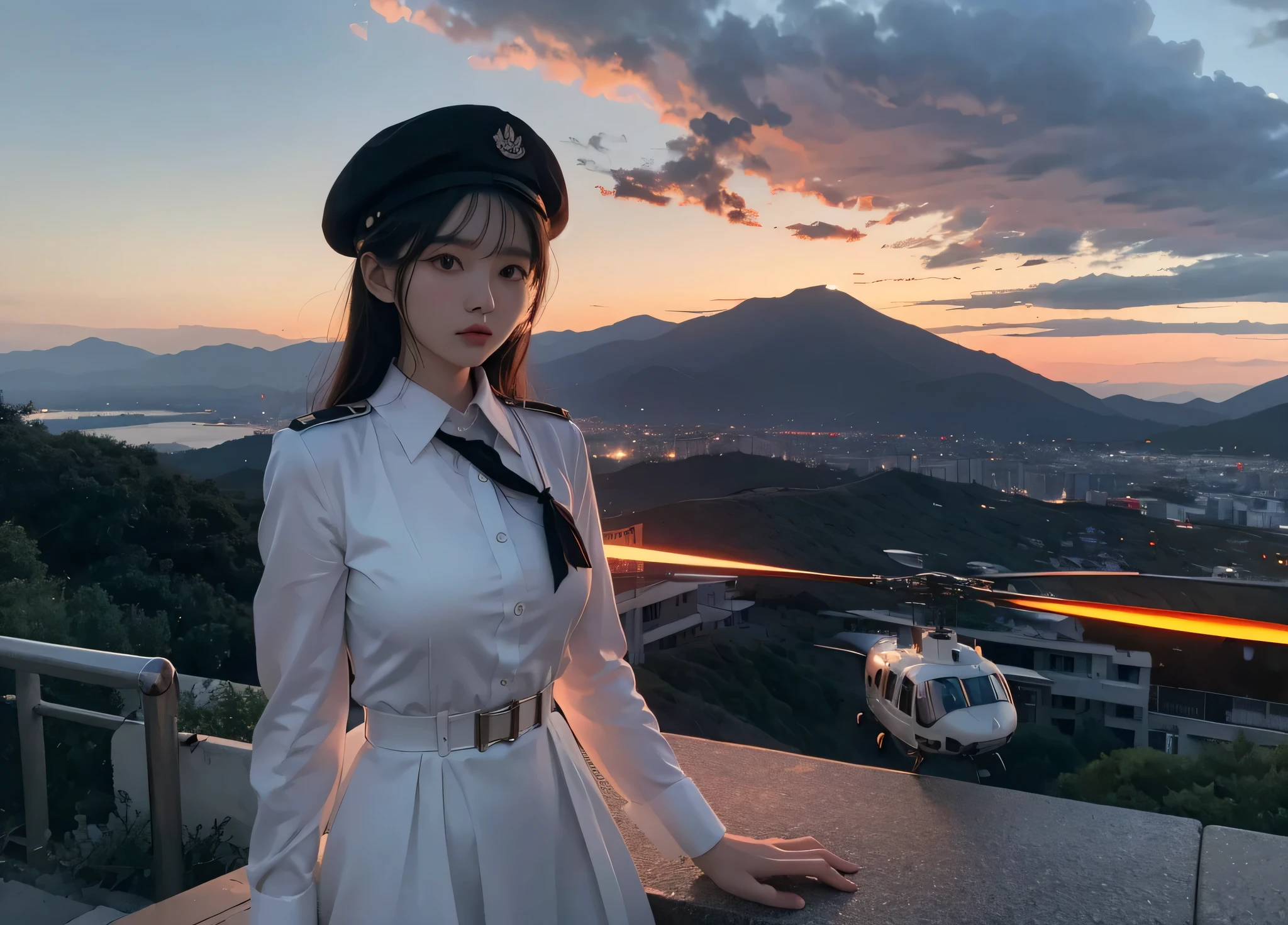 KOREAN GIRL, WHITE DRESS SHIRT, BLACK BERET, BLACK TIE. HOLDING RIFLE. RED SKY, MILITARY HELICOPTERS. DRAMATIC SCENE IN MOUNTAINOUS TERRAIN OVERLOOKING A CITY. SKYLINE ON FIRE. APOCALYPTIC