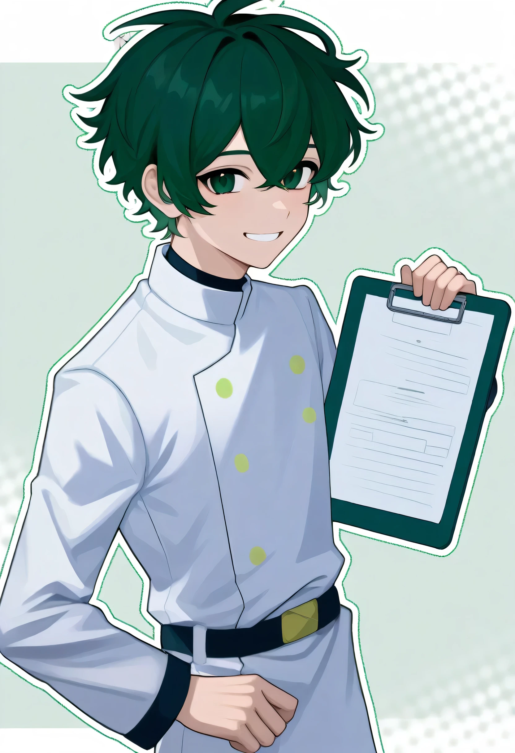 Man, boy, boy, dark green hair, natural perm, round outline, young impression, monochromatic background, otherworldly white-based uniform, holding a clipboard, smiling