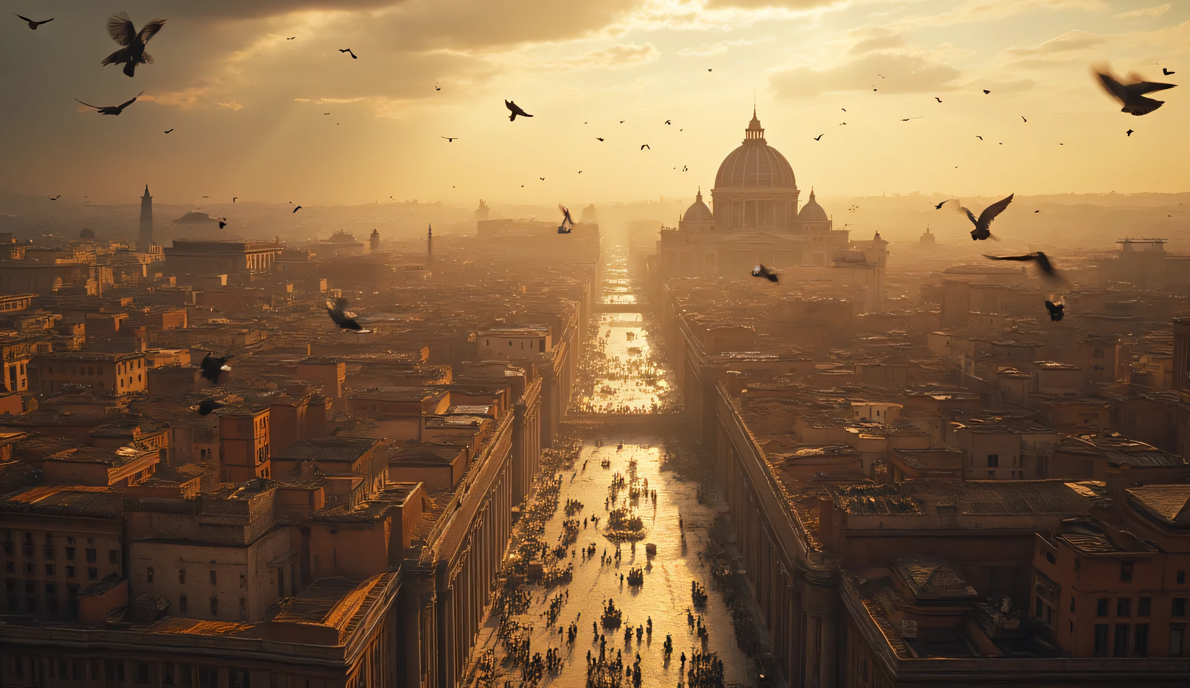 The Great Vatican. a city of churches and European Gothic architecture. A huge city. golden lighting. pigeons in the sky