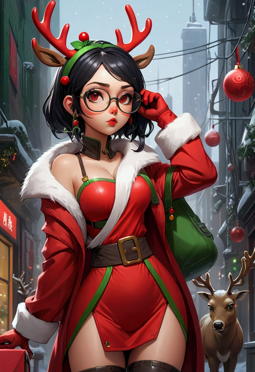 ( Masterpiece,  Best Quality ), 1girls,  black hair, glasses, cyberpunk, Alone, up to the waist, Sexy appearance, Semi-human-reindeer , red nose,  wearing a green and red Santa Claus-style costume, 