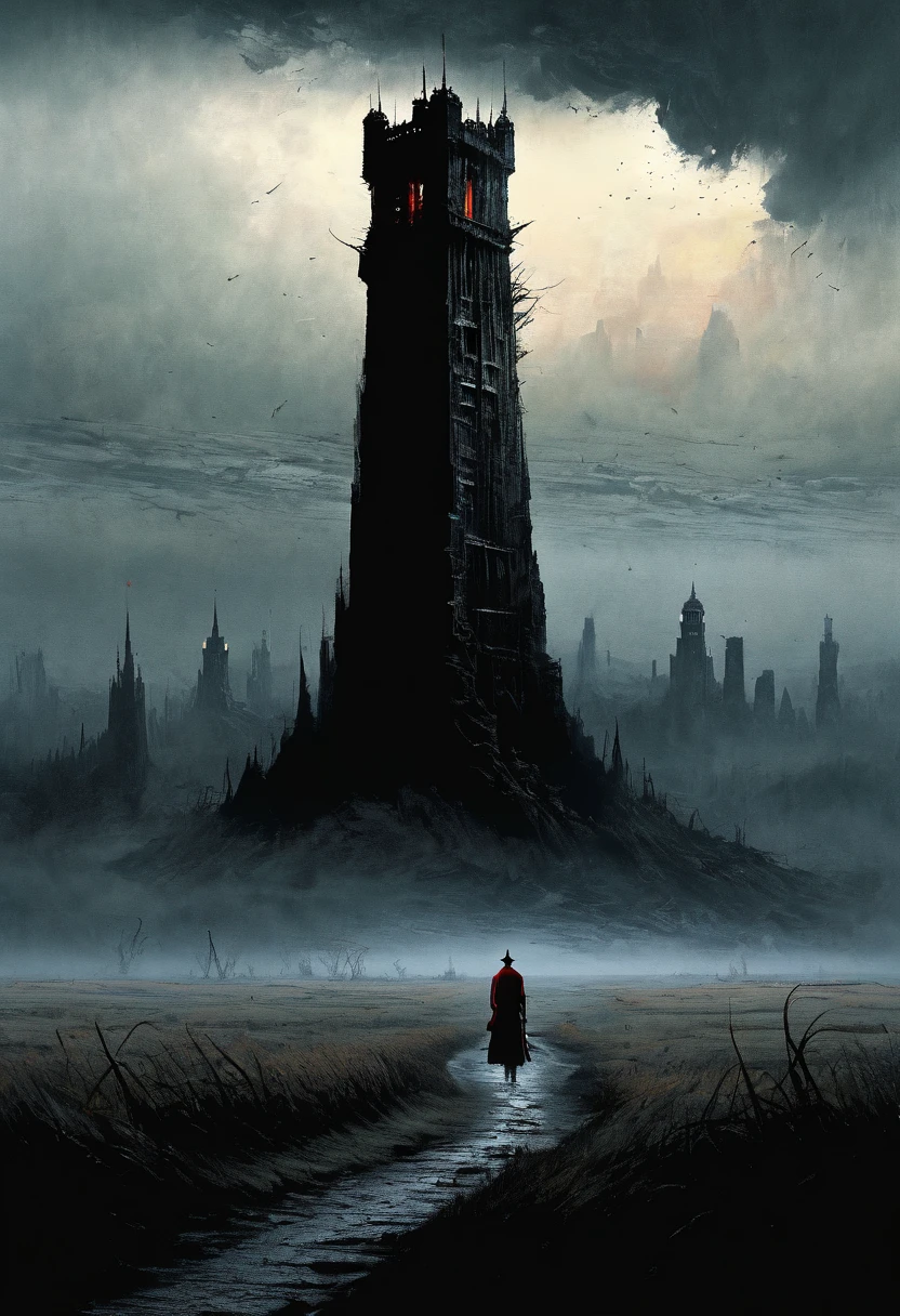  emphasizes the dark tower's sense of loneliness and collapse,
Desolate, Twilight Sky,  grass swaying in the wind ,  One Massive Tower , Crumbling Stone , Dim atmosphere, Long Shadows, Mysterious Fog,  Wilderness Seen in the Distance , Barren Land, Melancholy landscape