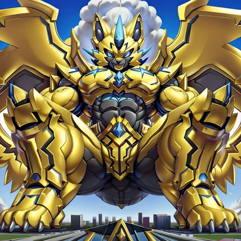 (masterpiece. official art. 8k. best quality. detailed full body. full body.)

Situation: A towering, giant Zeraora, enhanced by a powerful suit, dominates the city as he tramples everything beneath him. From a low-angle perspective, his immense size dwarfs the skyscrapers around him, emphasizing his sheer majesty and power. As smoke and flames rise from the destruction below, Zeraora's arrogant expression and subtle smile reflect his dominance, filling the scene with overwhelming authority.

Suit Description: Zeraora wears a powerful suit that merges with the structure of an Extra Latex Muscle Suit. This fusion amplifies his strength and aura, creating a hyper-muscular physique with exaggerated muscles for maximum impact. His body is a hyper-muscular powerhouse, featuring oversized, finely sculpted muscles—massive pecs, triceps, and traps—along with a rock-solid core and long legs, giving him the imposing presence of a "Gigachad." The combination of both suits enhances his dominating form, amplifying his power and presence. The armor is primarily golden, with the color shining brightly across the surface, and there is minimal black, making the gold stand out as the dominant feature of his form.

Wings: Zeraora is spreading his massive golden wings.

Feet: Zeraora has five toes, and the design of his powerful suit reflects this feature, highlighting his nice big feet paws.

(macro:2.5), (golden wings:2.0), (hyper muscular:1.8, exaggerated muscles:1.8), (colossal physique:2, macro:2), (SOLO:1.9) (nj5furry:2.0),(big feet paws),(golden armor:2.5),(No black:1.5)