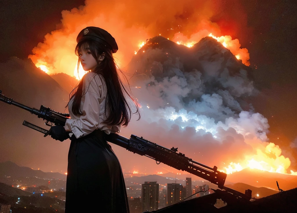 A Korean girl with fair skin, wearing a crisp white dress shirt, a sleek black beret, and a matching black tie. She stands confidently, holding a military rifle. The backdrop features a dramatic red sky, illuminated by the glow of fire and smoke. Military helicopters hover ominously overhead. She is positioned on rugged, mountainous terrain overlooking a burning city skyline in chaos. Flames and destruction consume the cityscape, emphasizing an apocalyptic and intense atmosphere. The overall scene exudes tension and cinematic drama.