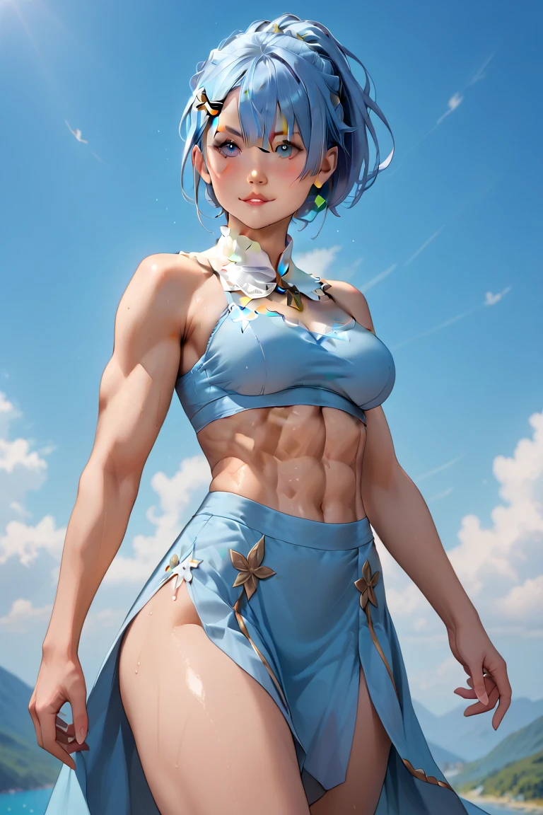 "A highly detailed and artistic depiction of Rem from Re:Zero as an adult woman, visually mature and over 18 years old. Her body is noticeably more developed, with a well-toned and defined muscular structure that highlights her immense physical strength while maintaining a graceful, feminine appeal. Her figure is curvaceous yet athletic, with a fuller bust and strong, well-proportioned limbs. She is dressed in her iconic maid uniform, redesigned to complement her more mature and powerful physique, with intricate lace details and subtle adjustments that enhance her elegance and presence. Her light blue hair is styled in her signature bob cut with a neatly placed floral hair clip, and her large, expressive eyes glow with determination and a hint of softness.

Rem stands in a confident and heroic pose, her posture exuding strength and loyalty. Her arms and legs subtly flex, showcasing her muscular definition without looking exaggerated. The background is a magical, twilight fantasy setting, with an ethereal glow surrounding her, enhancing her otherworldly beauty and aura of power. The lighting is soft yet focused, accentuating the contours of her muscles and her well-sculpted figure. Her expression is a mix of calm and intensity, portraying her duality as a kind-hearted protector and a fierce warrior."