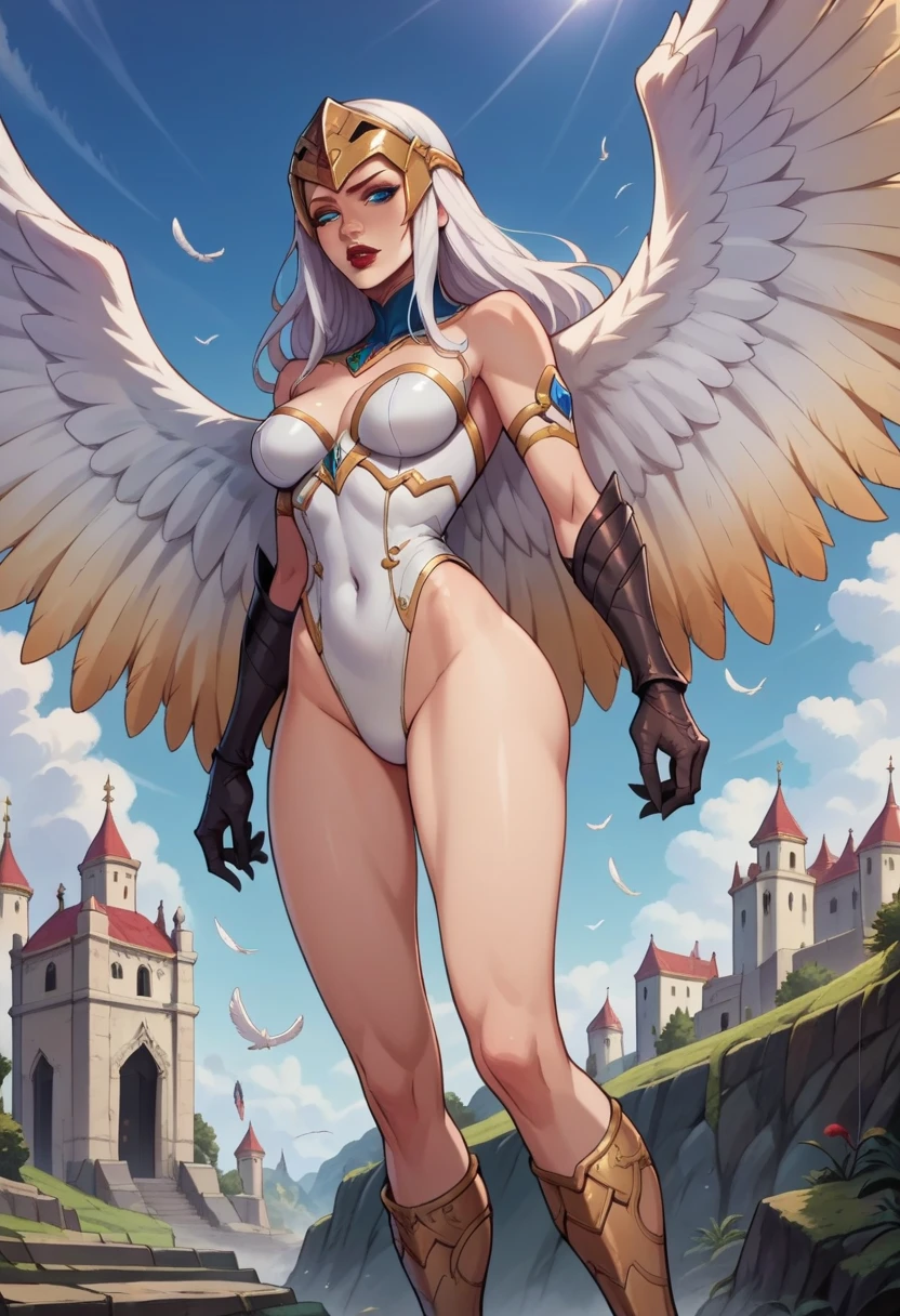 straight-on,pose,looking at viewer,solo, BREAK, CARTOON_Sorceress_heman_90s_ownwaifu, www.ownwaifu.com, breasts, long hair, medium breasts, white hair, lips, makeup, lipstick, blue eyes, monster girl, nose, red lips, animification, wings, feathered wings, feathers, white hair, angel wings, white wings, harpy, leotard, winged arms, bird wings, helmet, multiple wings, BREAK, official art, highres, scenery, (masterpiece:1.1), (best quality,:1.1), (high quality:1.1), (anime screencap:1.2),