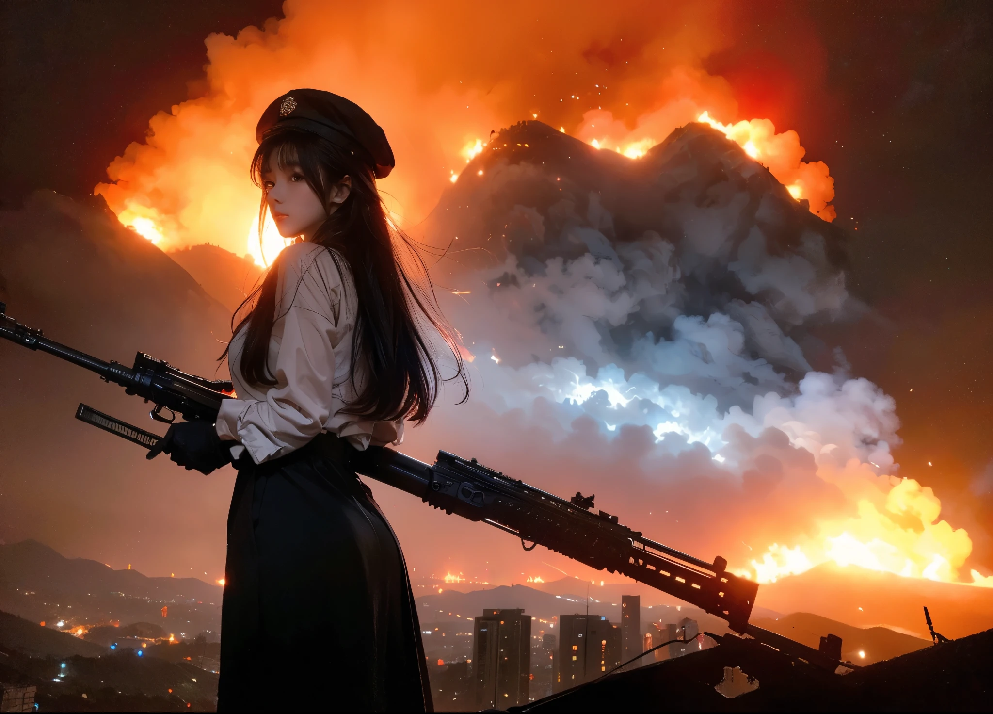 A Korean girl with fair skin, wearing a crisp white dress shirt, a sleek black beret, and a matching black tie. She stands confidently, holding a military rifle. The backdrop features a dramatic red sky, illuminated by the glow of fire and smoke. Military helicopters hover ominously overhead. She is positioned on rugged, mountainous terrain overlooking a burning city skyline in chaos. Flames and destruction consume the cityscape, emphasizing an apocalyptic and intense atmosphere. The overall scene exudes tension and cinematic drama.