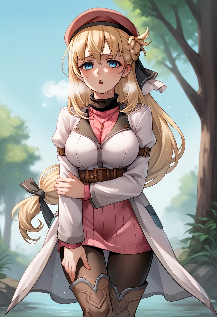 score_9, score_8_up, score_7_up, score_6_up, score_5_up, score_4_up, BREAK source_anime,
1girl, solo, sfw,  Agnes Claudel, blonde hair, long hair, blue eyes, large breasts, hair ribbon, beret, white coat, turtleneck dress, necklace, belt, pink skirt, pantyhose, brown boots, thigh boots,, full body shot, front view, looking at viewer, outdoors, sky, trees, 
racoonsan,, standing up bending forward exhausted heavy breathing, sweating, wet, moaning, mouth open, touching her knee with one hand, legs apart