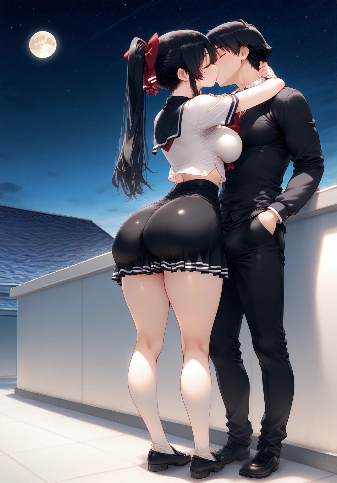  The Best Quality ,  source _anime,  Masterpiece, NSFW, Women ( full body, curvy, sexy,  medium breasts,  thin waist ,  big butt,  long hair , ponytail tied with a red ribbon ,  dressed in a school uniform with a short skirt),  hugging and kissing a boy  ( Athletic and male body , short black hair, black schoolwear ),  on the roof of a school building at dusk with a full moon and starry sky