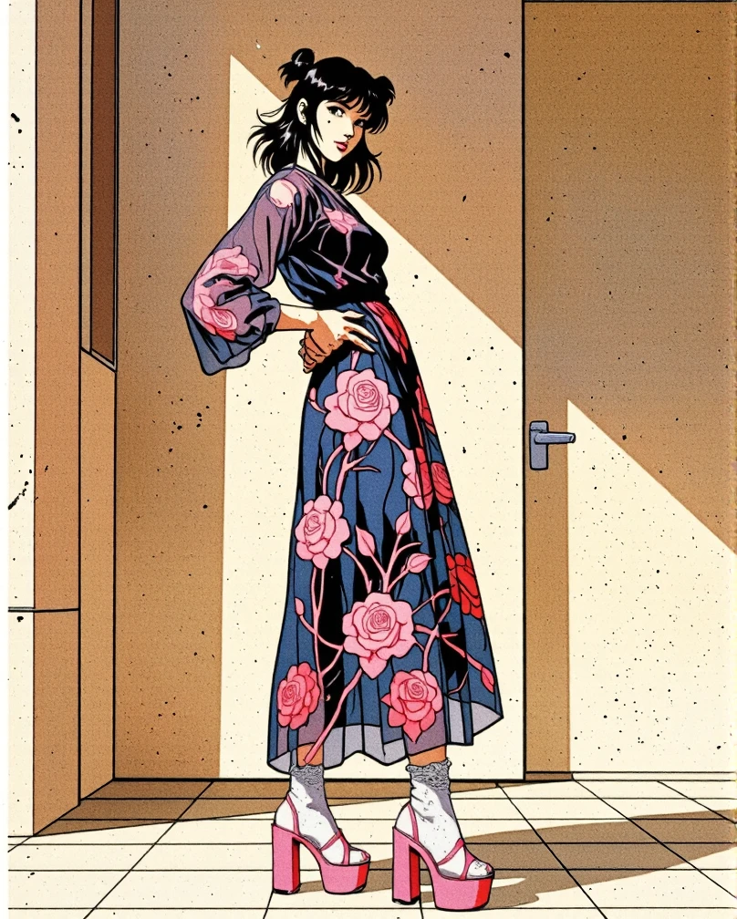 Art style by H. R. Giger, Art Style by Moebius, 


A young, light-skinned woman, possibly of Asian or mixed heritage, standing confidently in a modern indoor space with light beige-toned walls and a tiled floor. She is in her late teens or early twenties and is captured mid-pose, slightly off-center to the left, with her body angled diagonally across the frame, creating a dynamic and fashion-forward composition. Her expression is serene and neutral, with no trace of a smile or frown, allowing the viewer to interpret her mood. Her dark hair is styled in two playful buns that accentuate her youthful look. The star of the show is her attire: a long, translucent dark-blue midi-dress with an intricate pattern of vibrant pink roses intertwined with abstract elements, made of a sheer mesh material that adds depth and interest to the overall visual appeal. The floral print pops against her fair skin, and the dress seems to float around her, hinting at an air of elegance. Contrasting boldly with the delicate garment are her white lacy socks and vivid pink platform sandals, which elevate her petite frame and demand attention with their striking presence. The sandals are positioned in a way that makes them a focal point of the image, emphasizing their high platform and contemporary flair. The lighting is natural and soft, casting a warm glow that gently illuminates her features, which appear au naturel and untouched by heavy makeup. The overall atmosphere is one of effortless sophistication and youthful edge, as the combination of the ethereal dress, the modern space, and the playful footwear come together to create a trendy and slightly edgy look that is both captivating and refreshingly authentic.