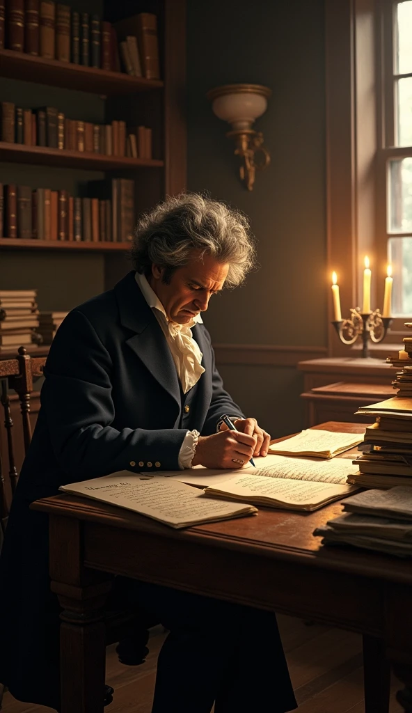 Portrait of Ludwig van Beethoven in classical style, dramatic lighting, 18th century, wearing period clothing