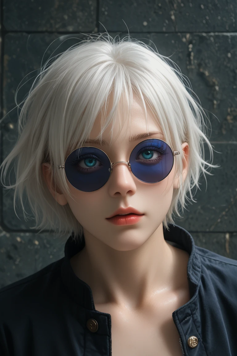  score_9,  score_8_above,  score_7_above,  score_6_above, BREAK,   source  _animated, qualification_explicit,  Masterpiece,  Best Quality , detailed background 
 short hair, 1 ,  white hair, Pointy hair ,  gojou satora, Blue eyes, colored eyelashes , pelo entre los ojos,  black jacket ,  round sunglasses ,aboveper body,  Expressive,  looking at the spectator, sideways,