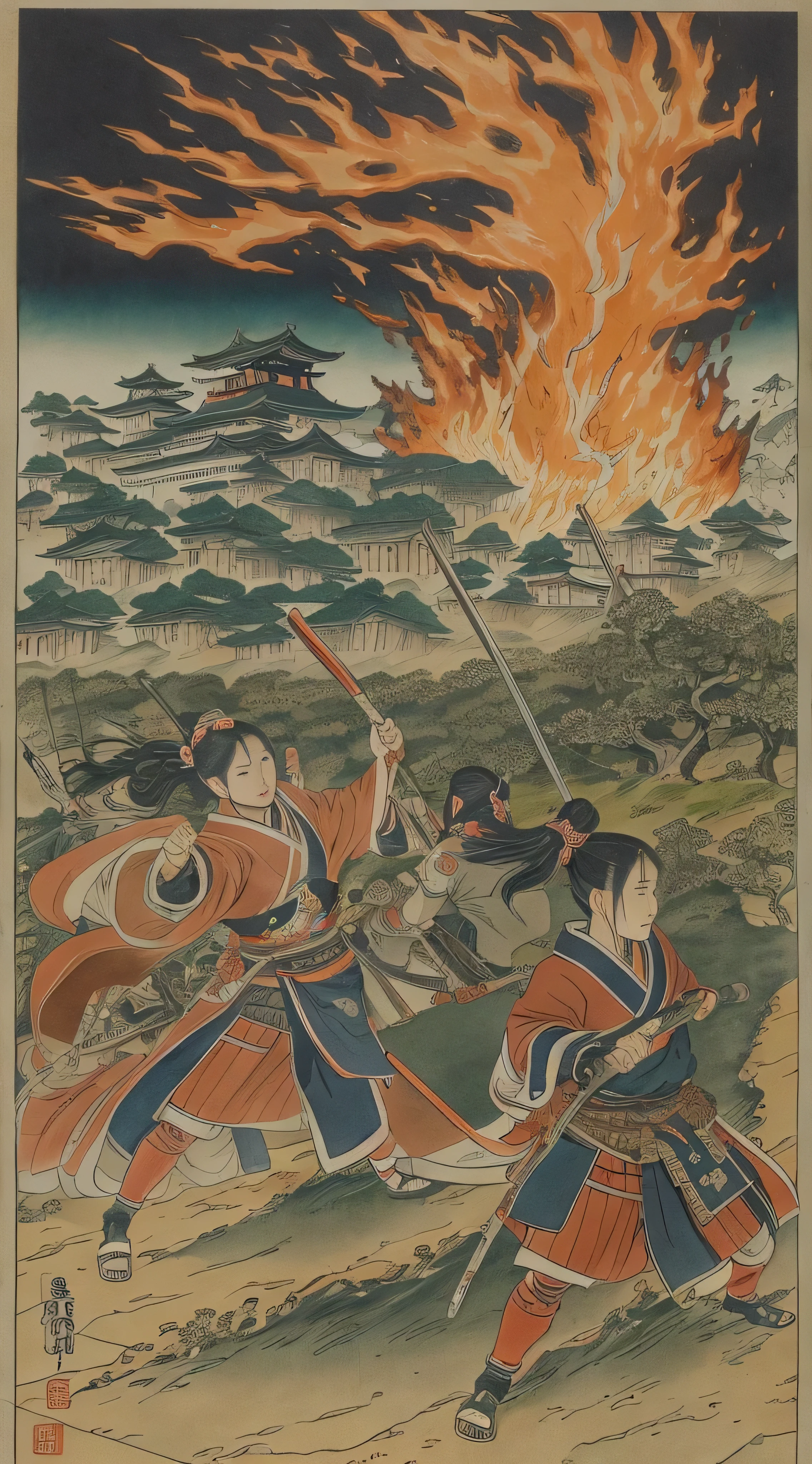  in high-definition images, Battlefields in the Sengoku period 、Kunoichi fighting on the battlefield 、  Abundant battle patterns detailed, masterpiece, 8k,  Noichi at the mercy of Genki Nobunaga in the Sengoku period 、 Beautiful Kunoichi wearing black shinobi clothes is standing in front of the flames, (Ishiyama Honganji Castle is burning,) Castle engulfed in flames ,  burning,  Kinki region in the Sengoku period 、Genki 3 ( Battle at Ishiyama Honganji Temple )。