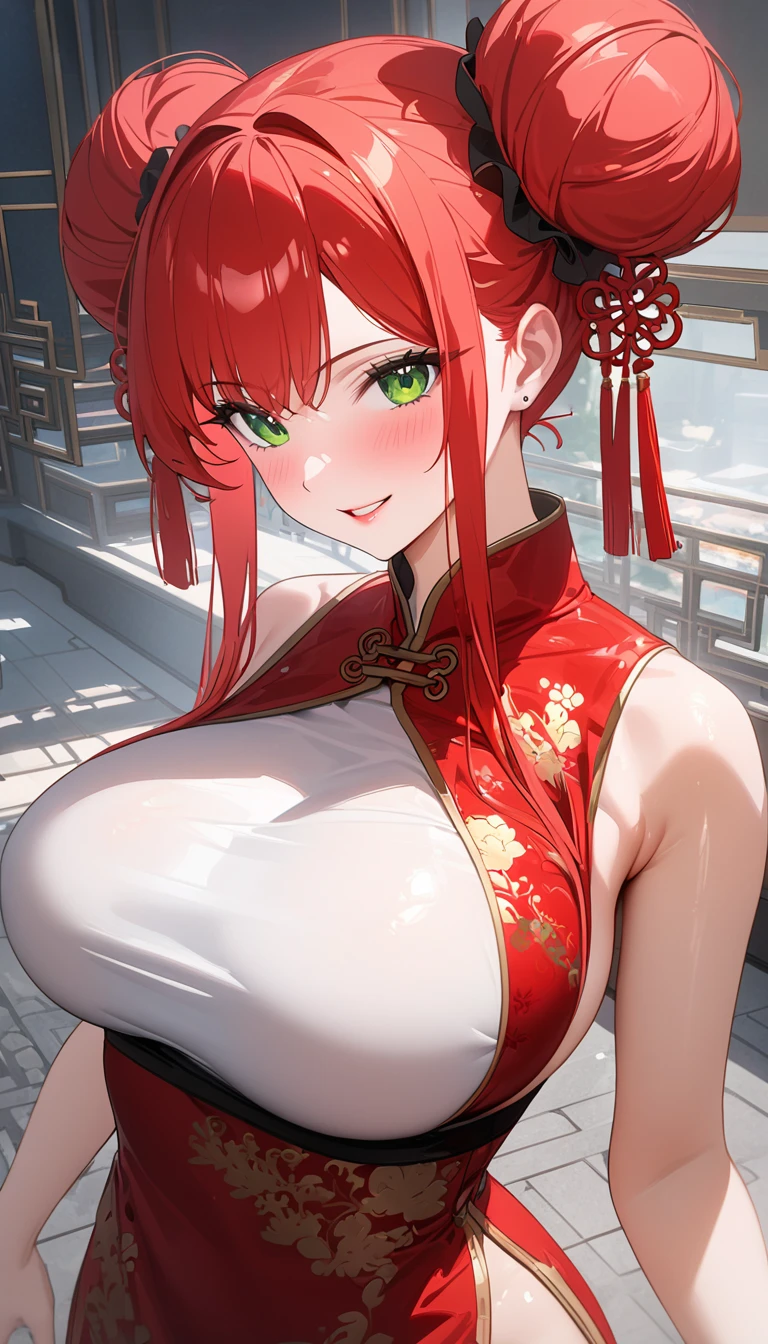 (((( super high resolution )))), (((最 High Quality )), ((masterpiece)), ( Details), 最 High Quality ,  High Quality , 超 Details,  perfect face, 4K, 8k, ((ultra quality)), (( 1 woman , , green eyes, red hair: 2.5, double bun, glamorous, standing)), Full Finger,  shiny hair 、 pubic skin, blush, smile, Big Breasts,  Big Breasts , Sideboob,  Side Bust :2.5, red china dress, from above, Chinese Garden