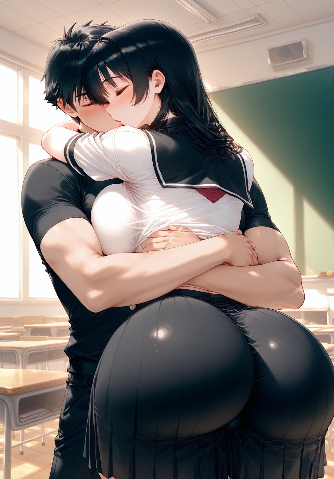  Big haired white anime woman with big ass hugging and kissing an anime boy with black hair and black clothes in the classroom 