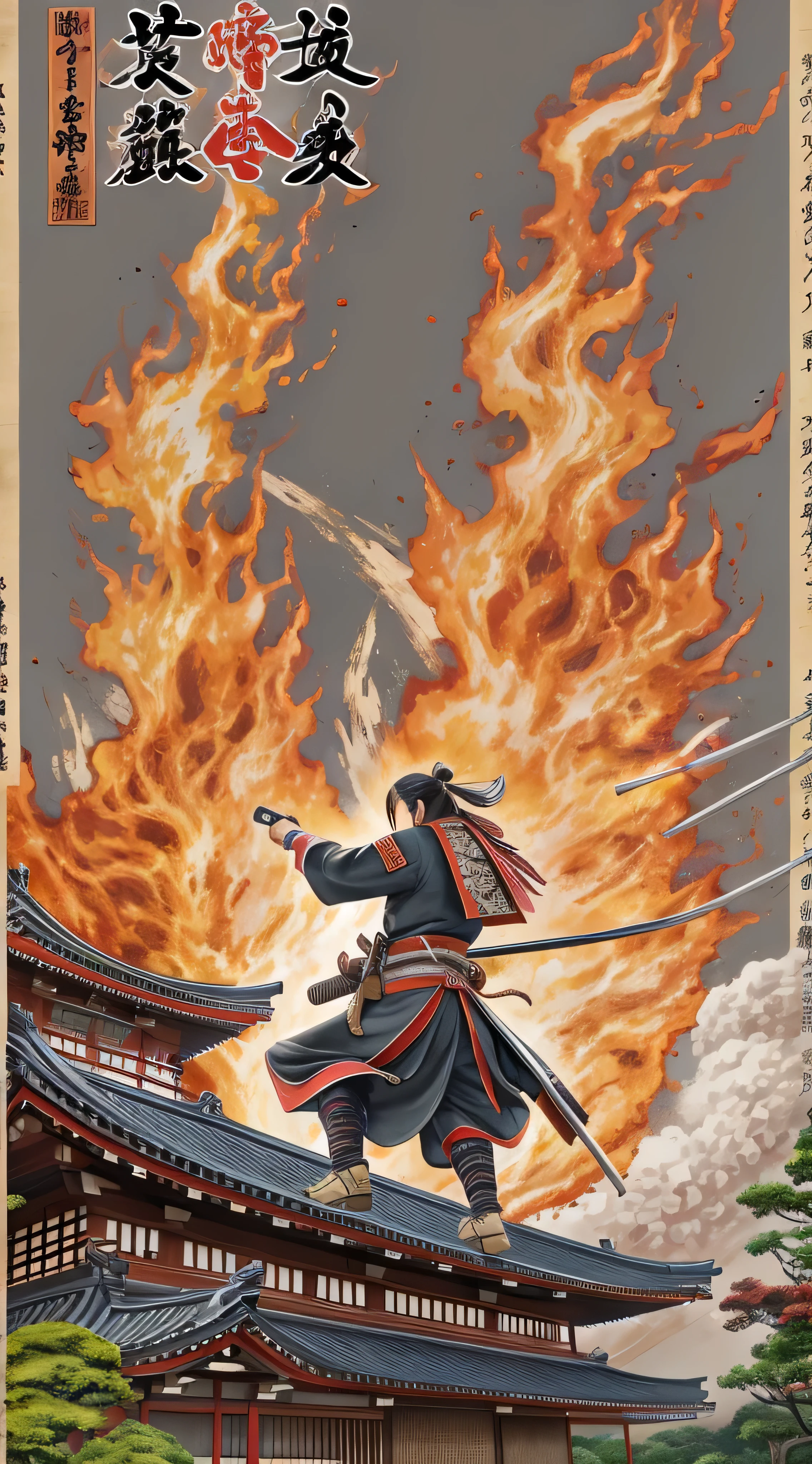  in high-definition images, Battlefields in the Sengoku period 、Kunoichi fighting on the battlefield 、  Abundant battle patterns detailed, masterpiece, 8k,  Noichi at the mercy of Genki Nobunaga in the Sengoku period 、 Beautiful Kunoichi wearing black shinobi clothes is standing in front of the flames, (Ishiyama Honganji Castle is burning,) Castle engulfed in flames ,  burning,  Kinki region in the Sengoku period 、Genki 3 ( Battle at Ishiyama Honganji Temple )。