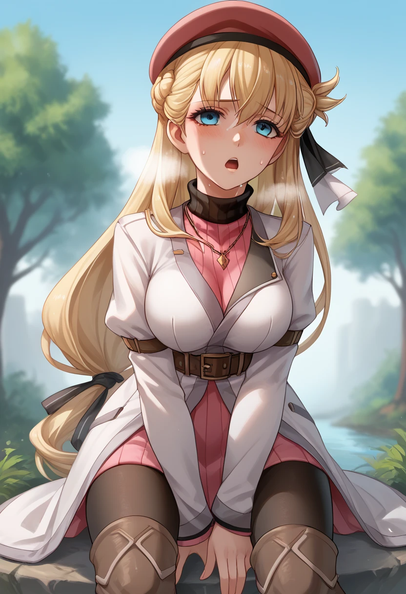 score_9, score_8_up, score_7_up, score_6_up, score_5_up, score_4_up, BREAK source_anime,
1girl, solo, sfw,  Agnes Claudel, blonde hair, long hair, blue eyes, large breasts, hair ribbon, beret, white coat, turtleneck dress, necklace, belt, pink skirt, pantyhose, brown boots, thigh boots,, full body shot, front view, looking at viewer, outdoors, sky, trees, 
racoonsan,, bending forward exhausted heavy breathing, sweating, wet, moaning, mouth open, touching her knee with one hand, legs apart