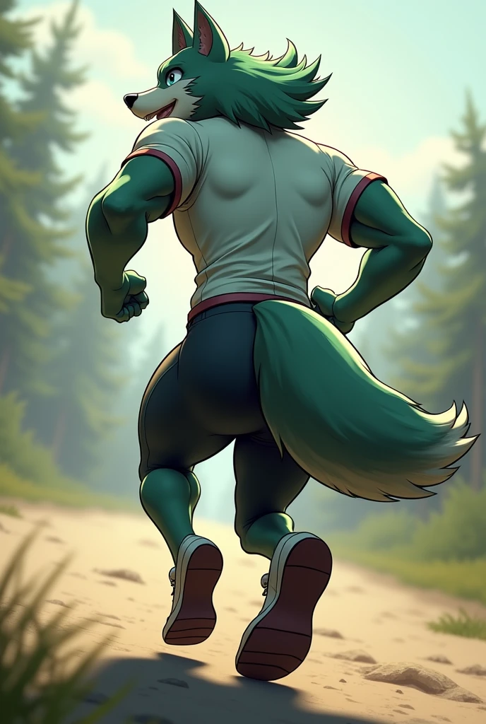 hi res, solo, male, werewolf, large body, muscular, full body grey-brown fur color, brown mohawk hairstyle, naked, fully nude, erect penis, evil expression, legs spread, wearing golden-brown color cowboy tall boots, big butt, long fluffy tail, tailed raised, showing butt to viewer, at a forest, by TopgearAE86turbo by Knell_bell