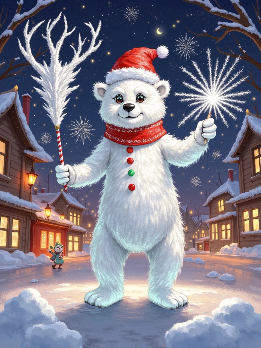  paint with ice and snow on the glass window，White grainy ， white ice bear ，Christmas deer，Santa Claus， white fog on glass ， paint the picture with your finger ，Sense of story， picture pure white ice and snow particles ，Pure white picture