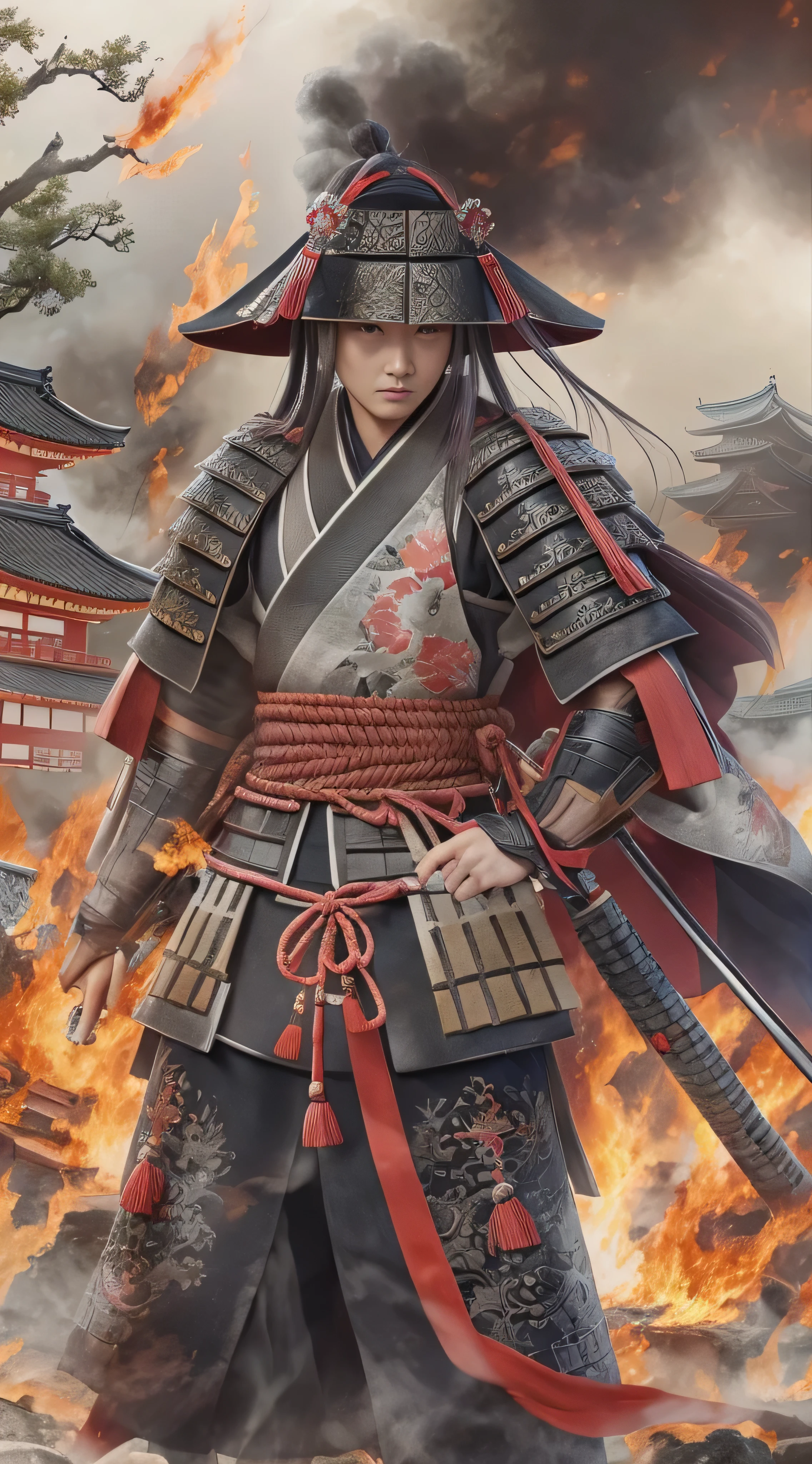  in high-definition images, Battlefields in the Sengoku period 、Kunoichi fighting on the battlefield 、  Abundant battle patterns detailed, masterpiece, 8k,  Noichi at the mercy of Genki Nobunaga in the Sengoku period 、 Beautiful Kunoichi wearing black shinobi clothes is standing in front of the flames, (Ishiyama Honganji Castle is burning,) Castle engulfed in flames ,  burning,  Kinki region in the Sengoku period 、Genki 3 ( Battle at Ishiyama Honganji Temple )。