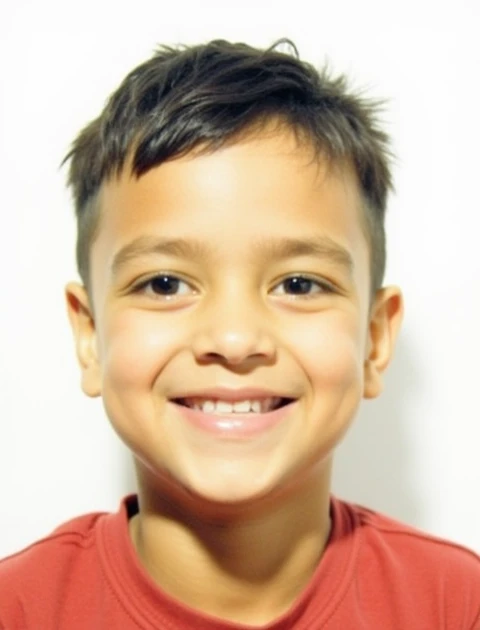 Crie uma imagem ultra realista de um menino negro sorrindo , camisa na cor branca, neutral background and ambient lighting, HD
