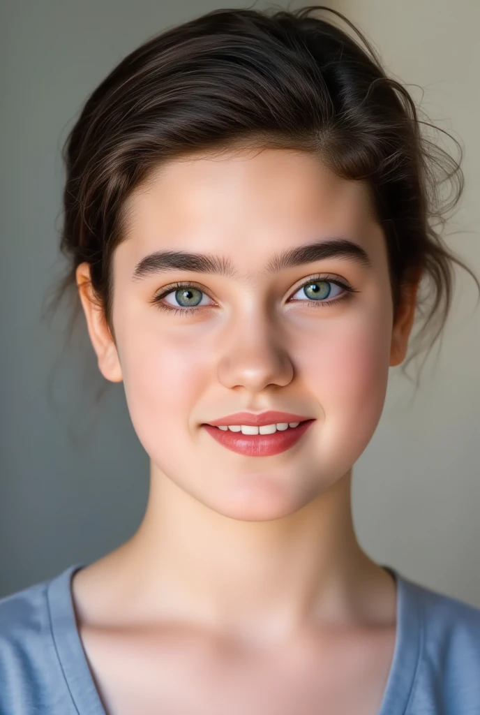 close up photo of her head, facing viewer ahead straight-on, from the top of head to her Collarbone within the frame., she is a beautiful girl at age 15., smiling, she has a smooth pale skin., short cut hair, Adorable dimples, she is smiling.,