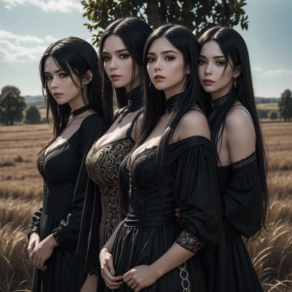 a dark black metal rock band comprised of three strong men and two beautiful young women posing for the photo in an elegant, Renaissance style,  long and straight hair ,  black hair ,  fair skin ,  black eyes ,  elegant Renaissance and Baroque clothing , men wearing goatee ,  women with beautiful eyelashes ,  in the background of a dark rural field ,  painted face of an indigenous warrior ,  black clothes and silver details , dark boots,  pagan rituals ,  extremely detailed ,  high resolution, perfect contrast ,  high definition , proporções perfeitas,  perfect saturation , perfect asymmetry , bright, FIRST WORK,  best quality 